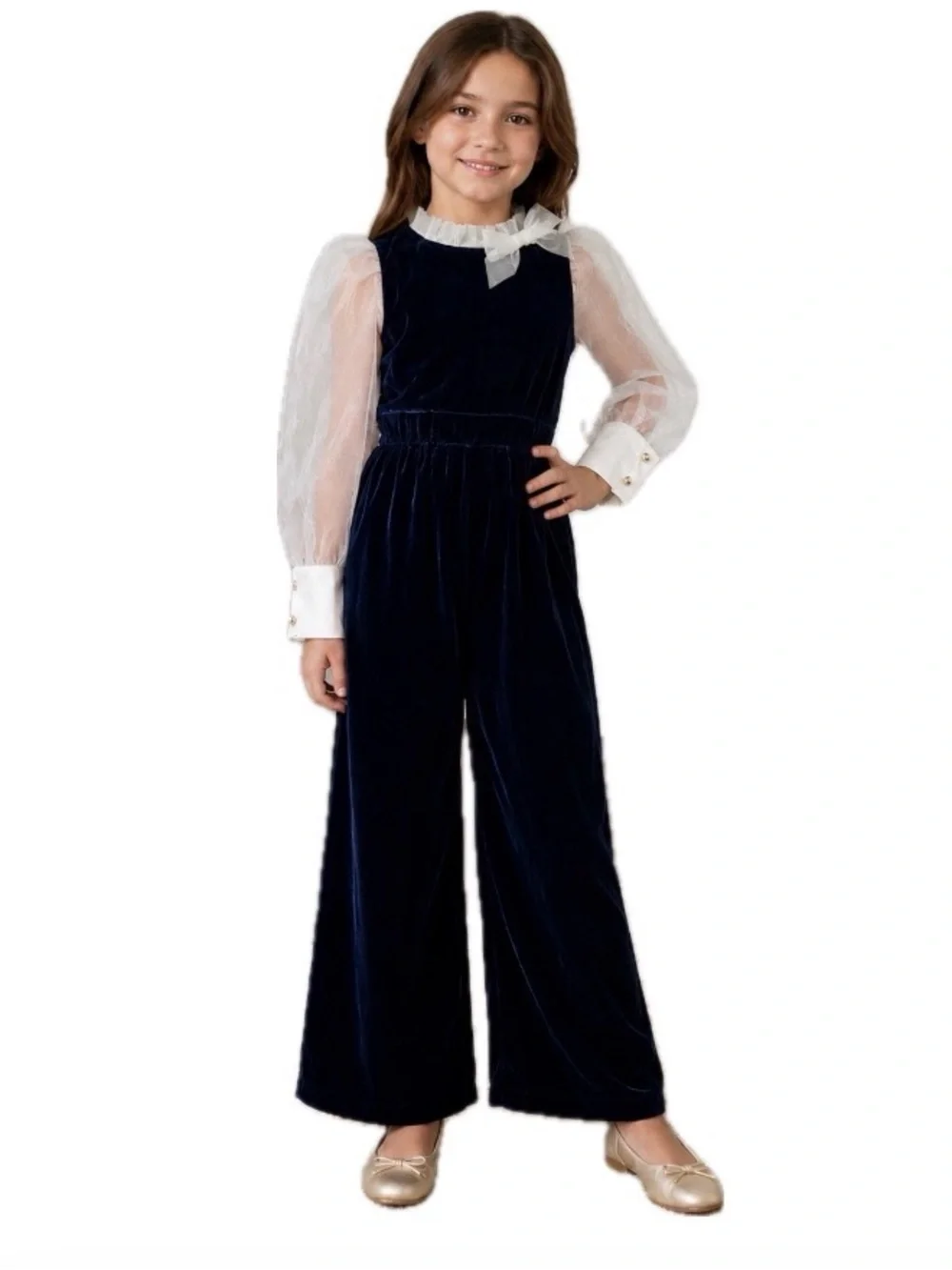 Janie and Jack, Girls Navy Blue Velvet Wide Leg Holiday Jumpsuit, Size 5 EUC